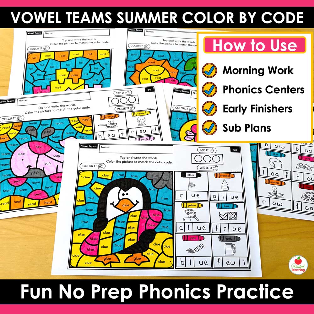How to use the Vowel Teams Summer Color by Code Worksheets