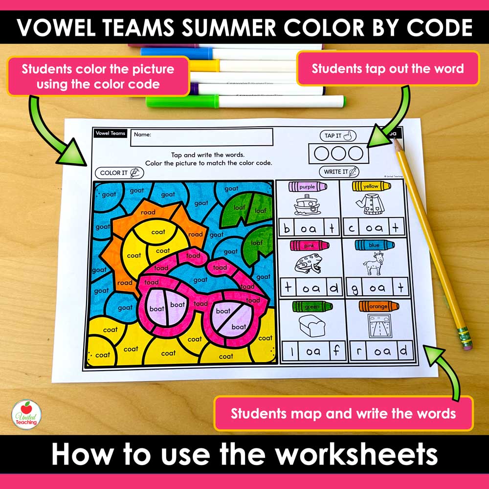 Vowel Teams Summer Color by Code Worksheet Features