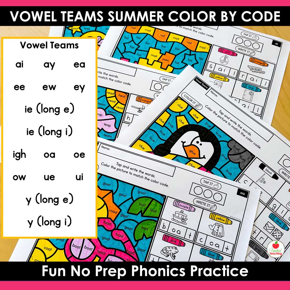 Vowel teams covered by the Vowel Teams Summer Color by Code Worksheets