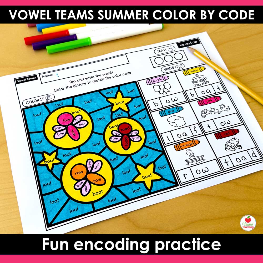 Vowel Teams Summer Color by Code Worksheet