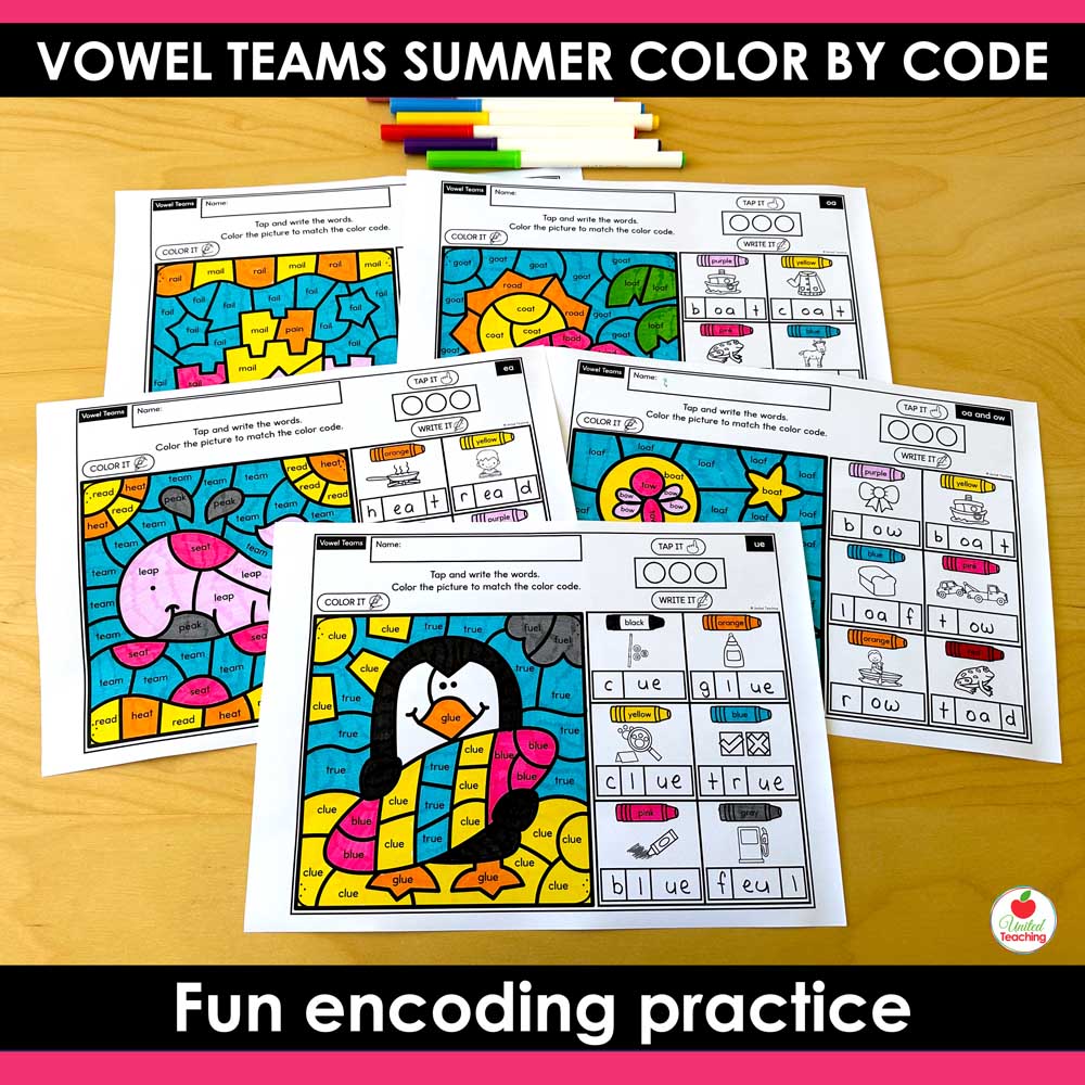 Vowel Teams Summer Color by Code Worksheets