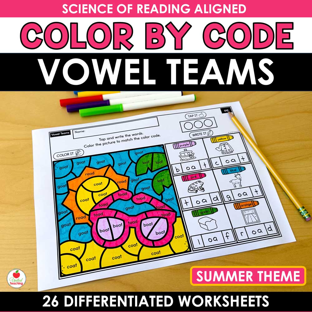 Vowel Teams Summer Color by Code Worksheets