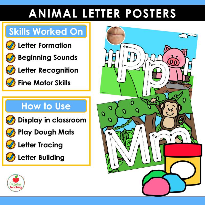 How to use and skills worked on by the Alphabet Animal Letter Posters