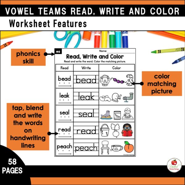 Vowel Teams Read Write and Color Packet - Image 7