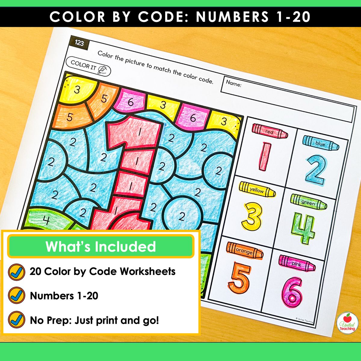 What's included in the Color by Code Numbers 1-20 packet