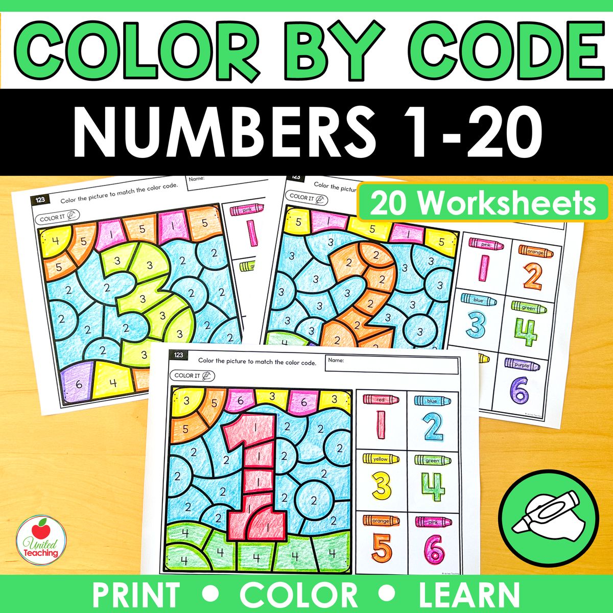 Color by Number Nfor Numbers 1-20 Math Worksheets