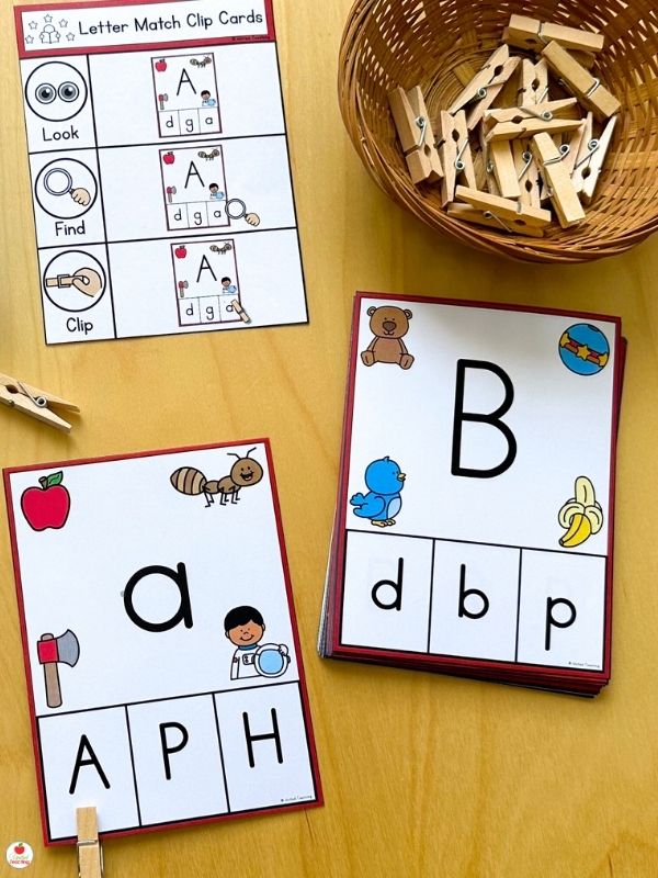 Alphabet Letter Match Clip Cards with picture prompts to reinforce beginning sounds