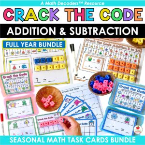 Crack the Code Addition and Subtraction Math Task Cards Seasonal Bundle