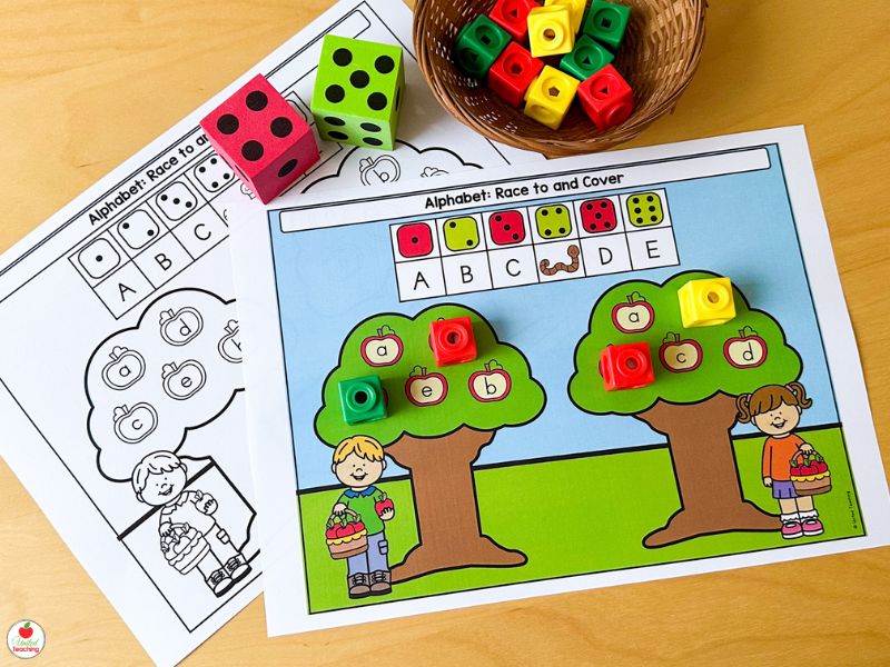 Alphabet Roll and Cover Letter Matching Partner Games for Fall Literacy Centers