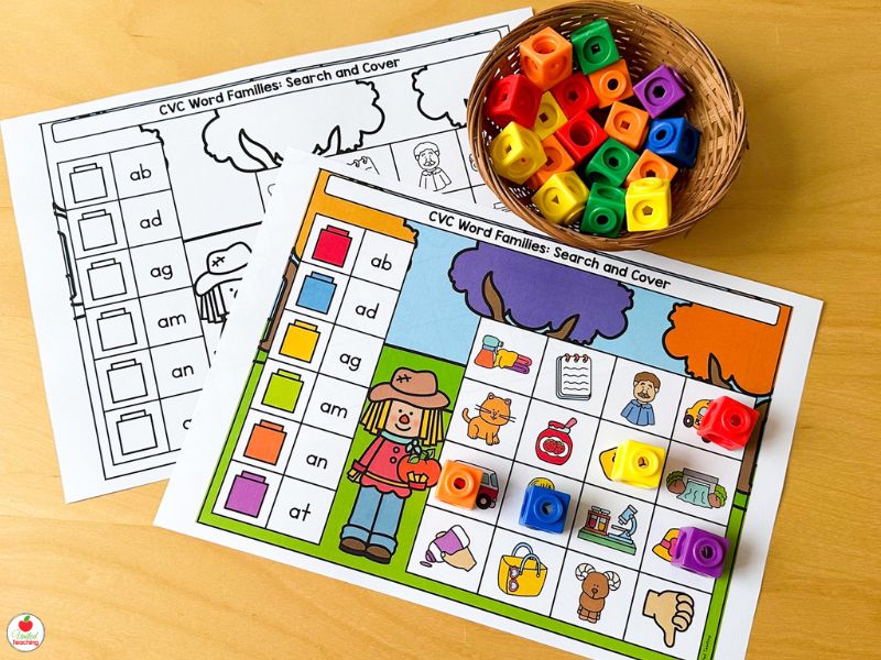 CVC Word Families Search and Cover Mat and Worksheets for Fall Kindergarten Centers