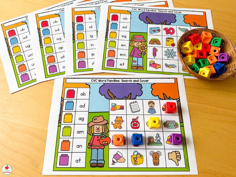 Fall Themed CVC Word Families Search and Cover Kindergarten Centers