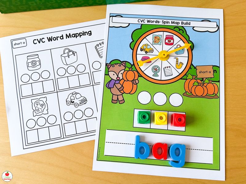 CVC Words Spin Map Build Mat and Worksheet for Kindergarten Fall Centers