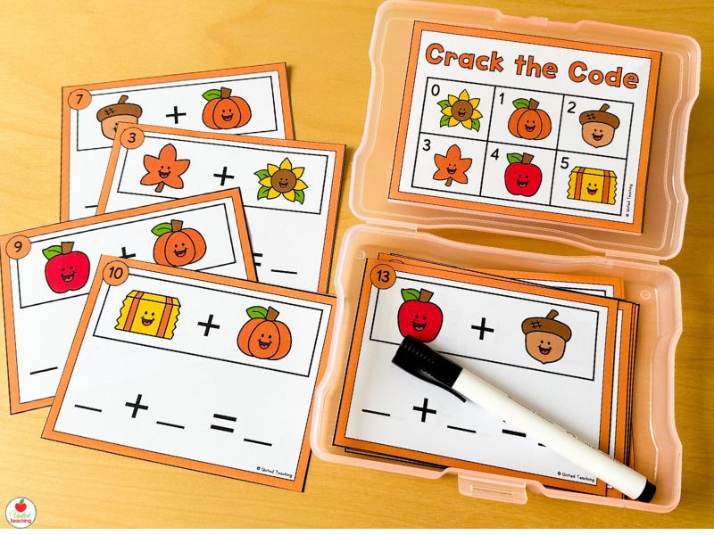 Crack the Code Addition to 10 Fall Math Center for Kindergarten
