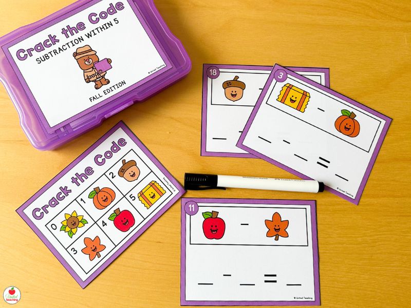 Subtraction within 5 Crack the Code Fall Math Center for Kindergarten