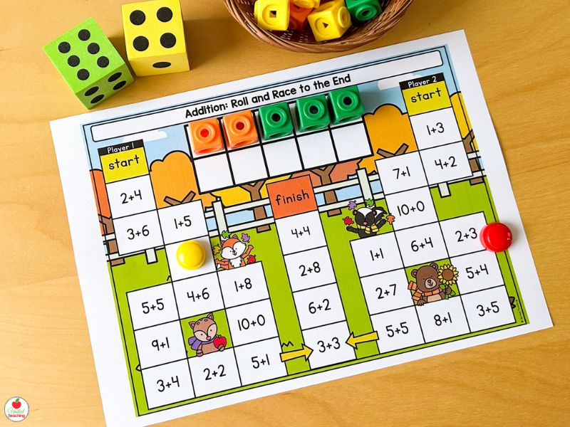Fall Addition Pick a Path Dice Games for Kindergarten