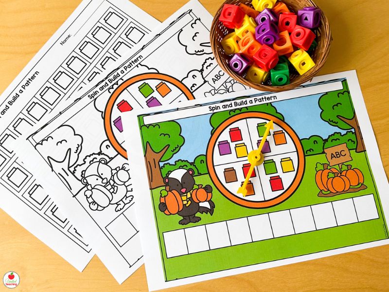 Fall Math Centers Spin and Build a Pattern Mats and Worksheets