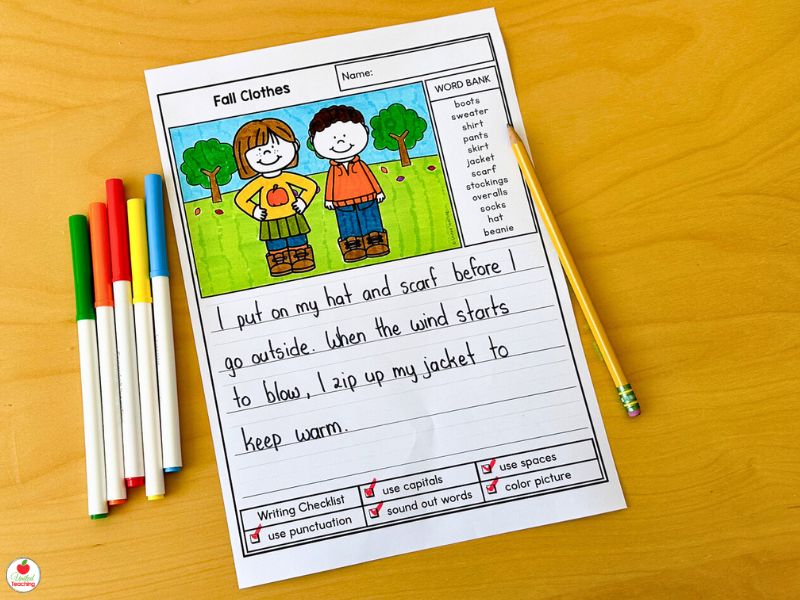 Fall Clothes Picture Writing Prompt for Kindergarten Writing Centers