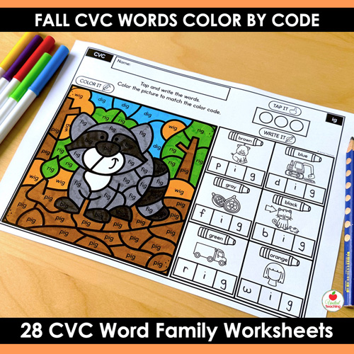 CVC Words Color by Code Fall Worksheets Packet - Image 7