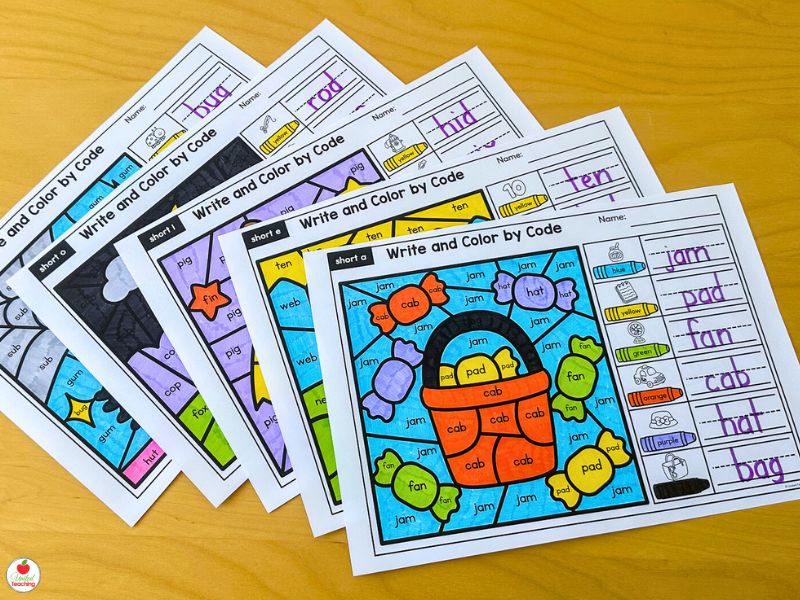 Halloween Color by Code CVC Words Worksheets