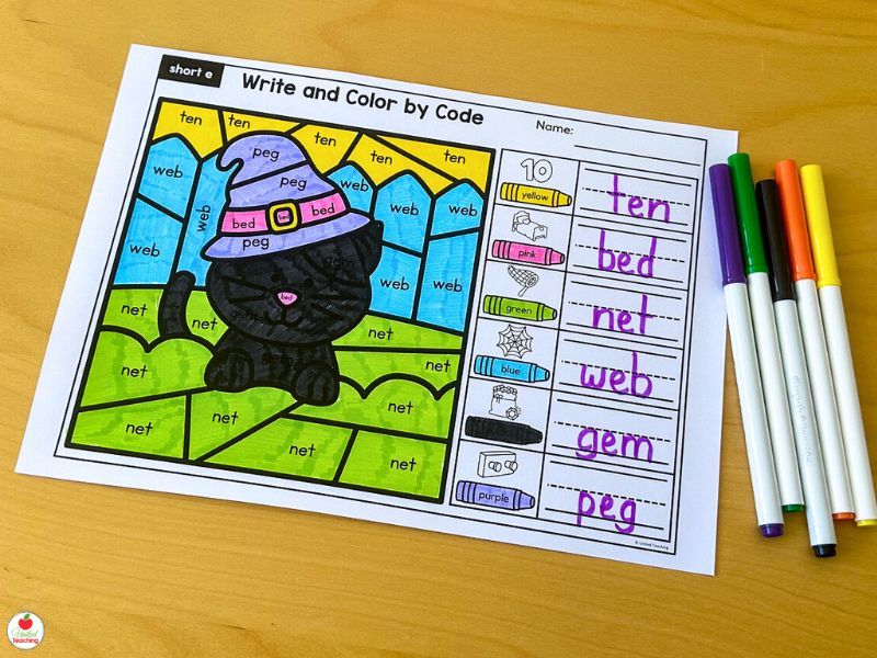 Halloween Short e CVC Words Color by Code