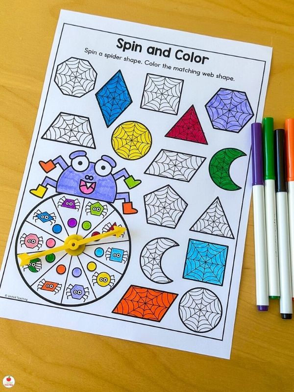 Halloween spider 2d shapes matching math activity