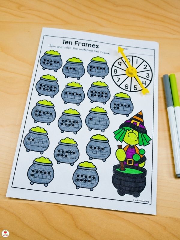 Halloween spin and color a ten frame for numbers 1-10 math worksheet
