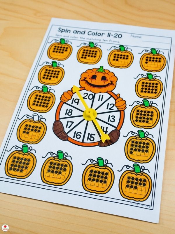 Halloween spin and color a ten frames for numbers 11 to 20 math activity