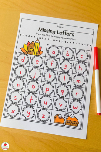 Alphabet Missing Letters Tracing Worksheet for November