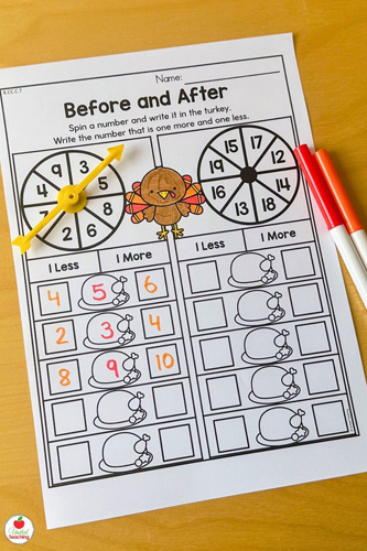 Before and After Thanksgiving Themed Math Worksheet