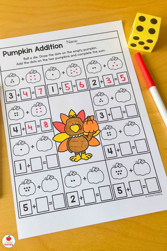 Pumpkin Seed Addition Math Worksheet for Kindergarten