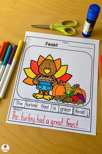 Thanksgiving Feast Scrambled Sentence Worksheet for Kids