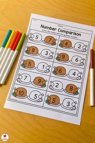 Turkey Number Comparison Math Worksheet for Kindergarten