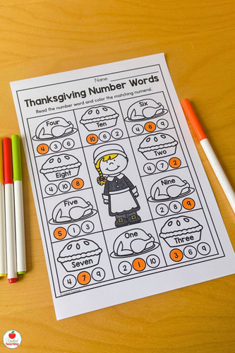 Thanksgiving Number Words Math Worksheet