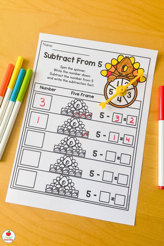Subtract from 5 Thanksgiving Themed Math Printable