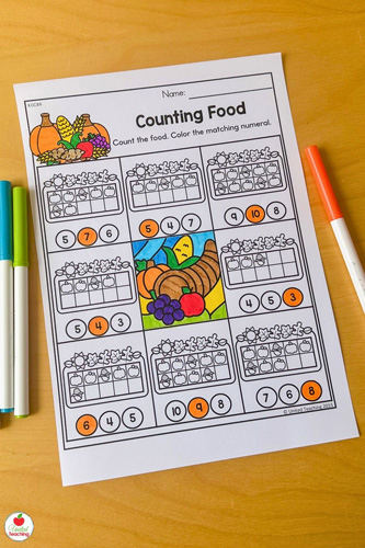 Thanksgiving Ten Frames Math Worksheet for Numbers 1 to 10
