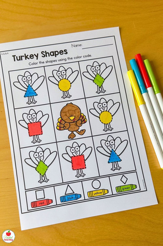 Turkey 2D Shapes Trace and Color Math Worksheet