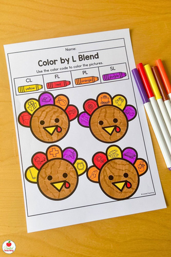 Color by Beginning L Blend Turkey Themed Worksheet for Kindergarten