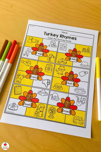 Rhyming Words Thanksgiving Worksheet for Kindergarten