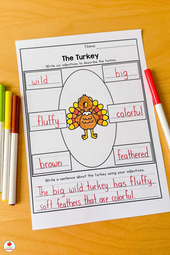 Adjectives to describe a turkey grammar worksheet