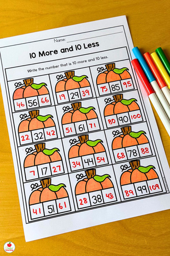 10 More and 10 Less Thanksgiving Math Worksheet for 1st Graders