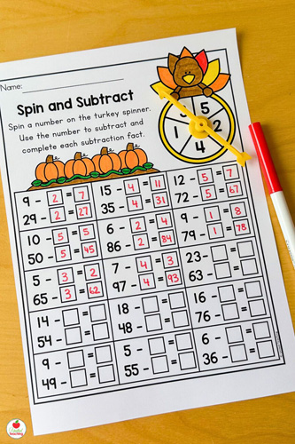 Spin and Subtract math activity for 1st graders