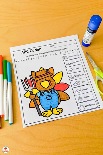 Cute ABC Order cut and paste worksheet with turkey
