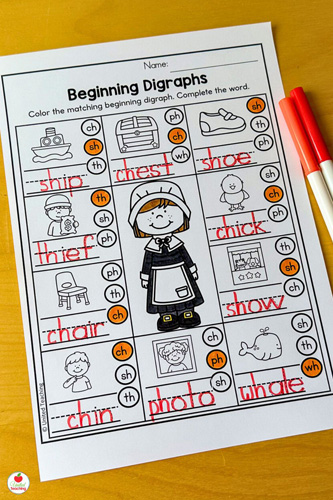 Beginning Digraphs worksheet for the month of November