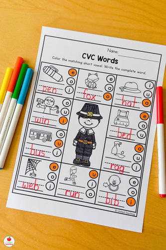 CVC Words worksheet for 1st graders with a fun Thanksgiving theme