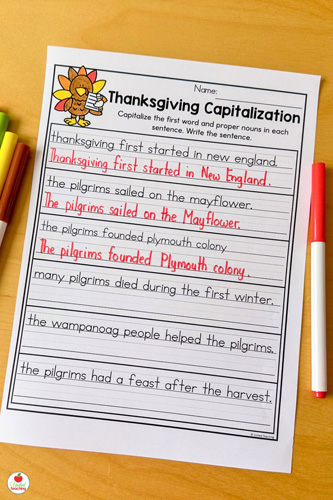 Thanksgiving Sentences Capitalization worksheet