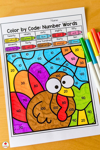 Turkey Color by Number Word Thanksgiving Math Activity