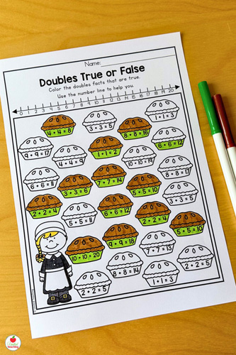 Doubles True and False math worksheet for November