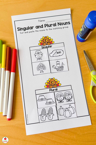 Thanksgiving Singular and Plural Nouns literacy worksheet for 1st graders