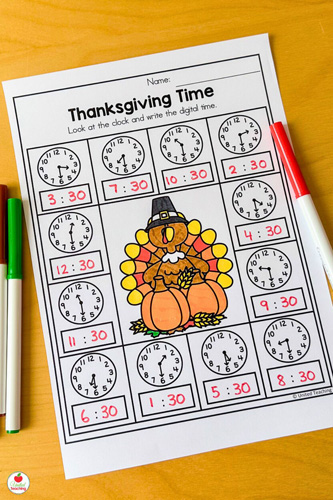 Telling Time math worksheet for Thanksgiving