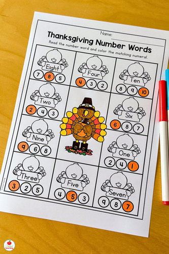 Read the number word and color the matching numeral Thanksgiving math for 1st Graders